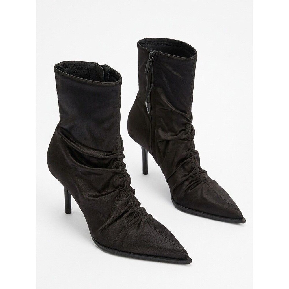 ZARA Black Satin Effect Ruched Pointed Toe Stiletto Ankle Boots NWT Sz 7.5 EUR38